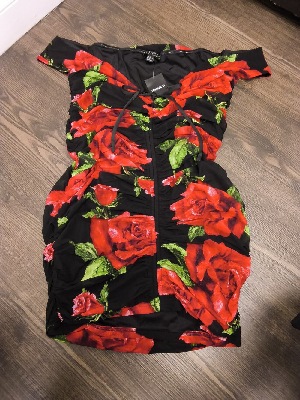 Plus Size 2X Ruched Rose Print Black Mesh Dress Forever 21+ Adjustable Sexy
